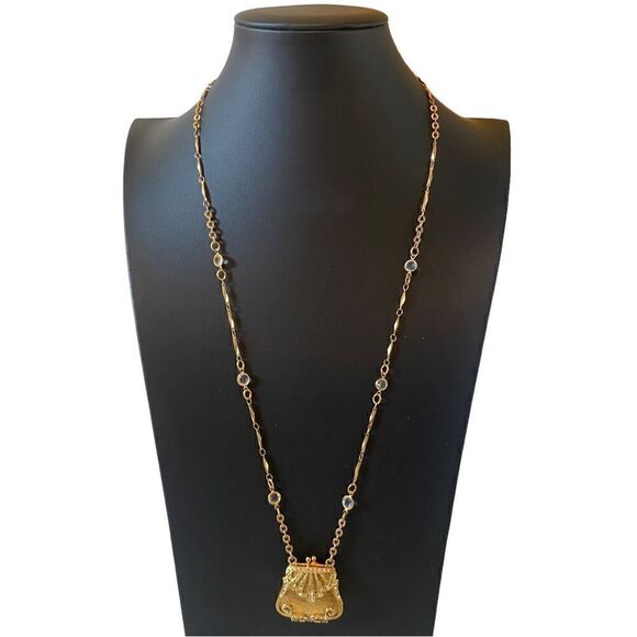 Jewelry - 1928 Brand Vintage Gold Toned & & Clear Faceted Bead Purse Pendant Necklace.